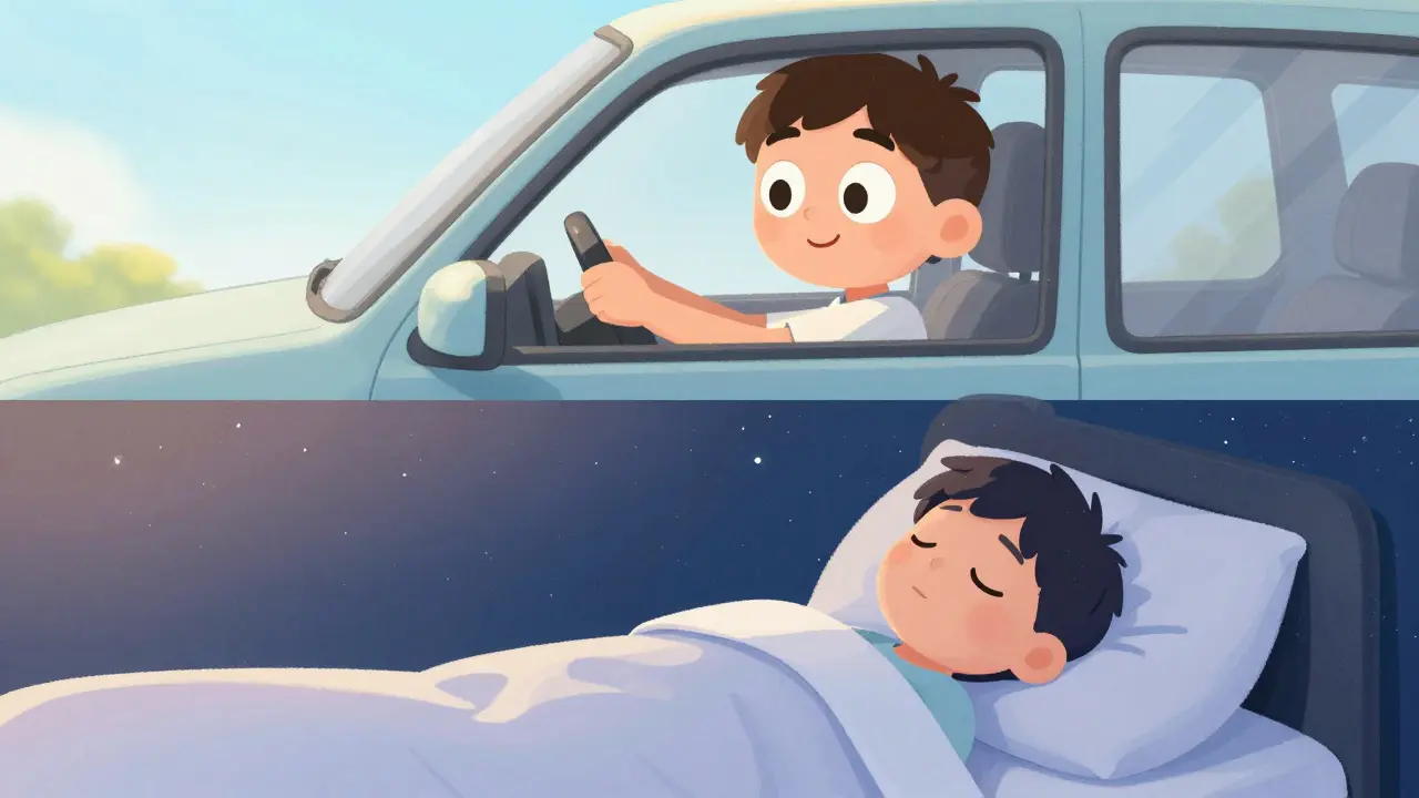 Driver alert in day split with character sleeping soundly at night.