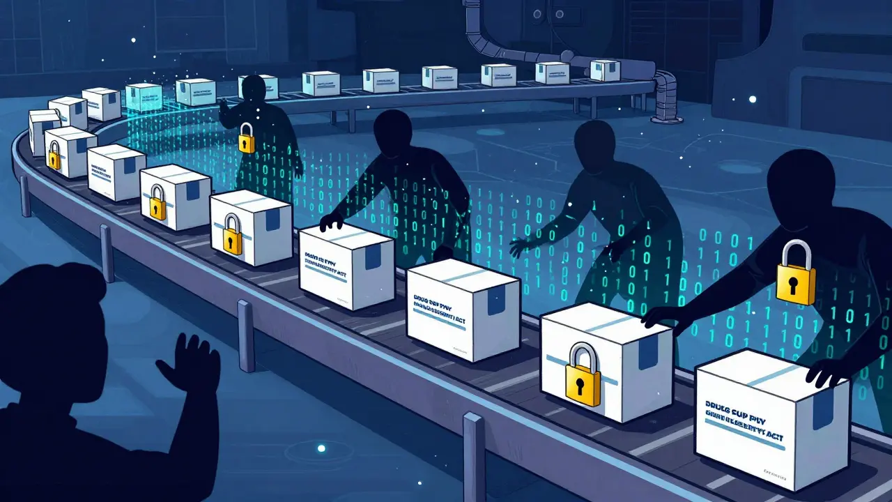 Futuristic supply chain conveyor belt with security locks