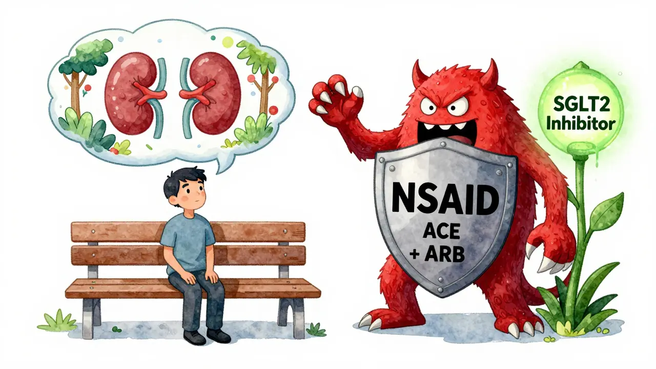 Kidney garden protected by RAAS blockers from NSAID monster, SGLT2 plant nearby.