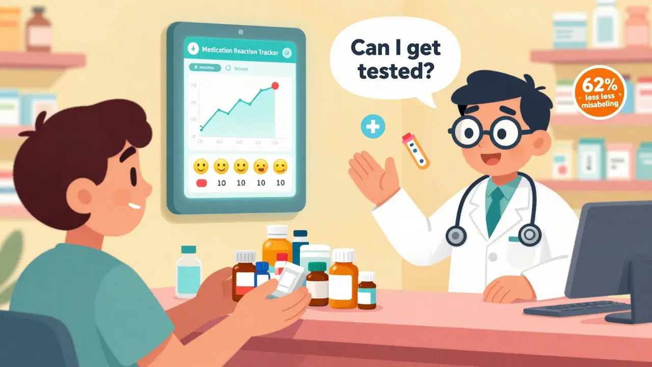 Patient hands medication bottles to pharmacist while viewing a symptom tracker app