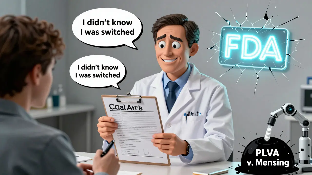 Pharmacist handing a consent form to a patient, with silent patient speech bubbles and a black hole labeled 'PLIVA v. Mensing' in the corner.