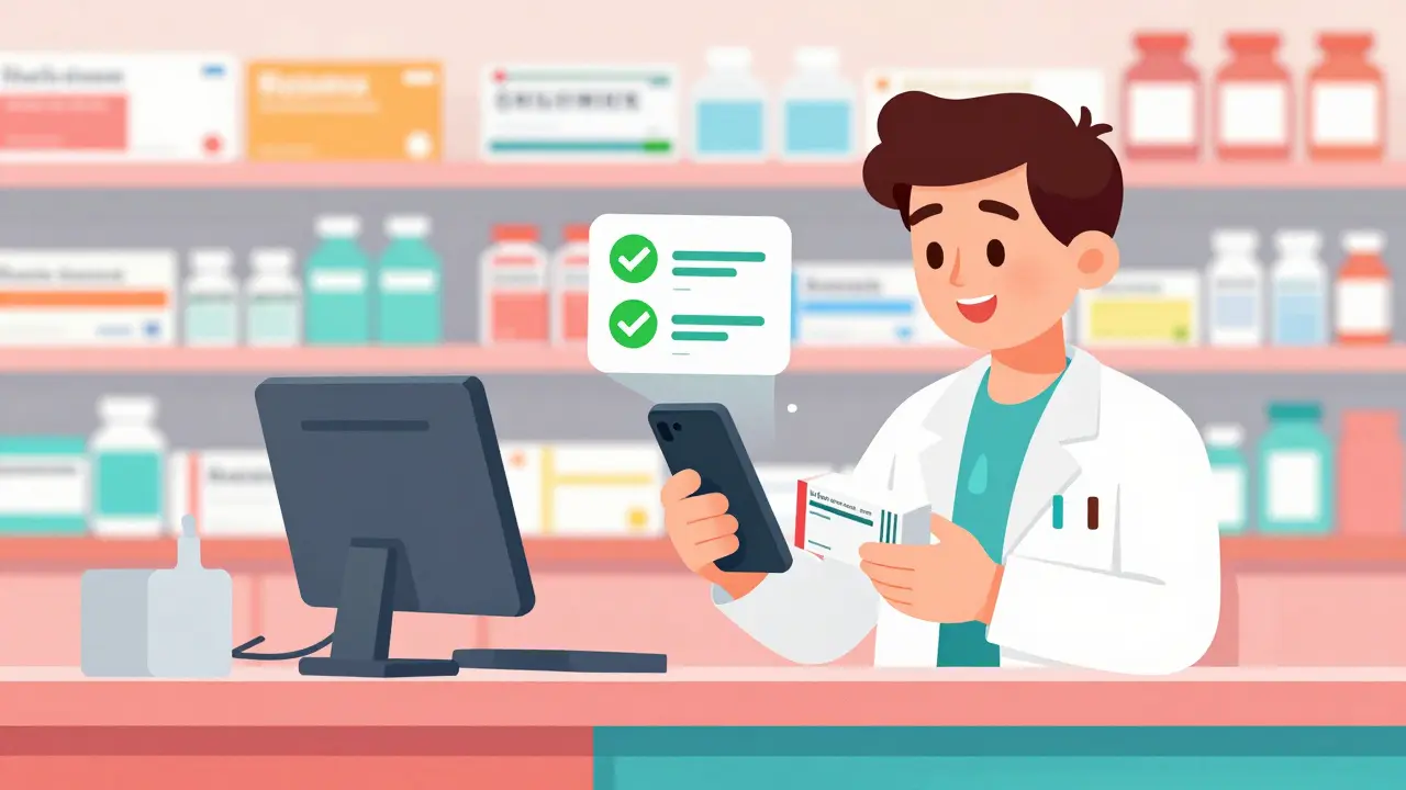 Pharmacist scanning a prescription box with a smartphone