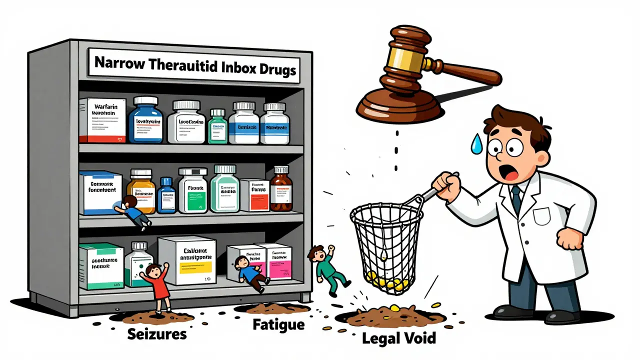 Pharmacist trying to catch falling patients from a shelf of dangerous drugs, while legal gavels loom and a dollar scale tips dangerously.