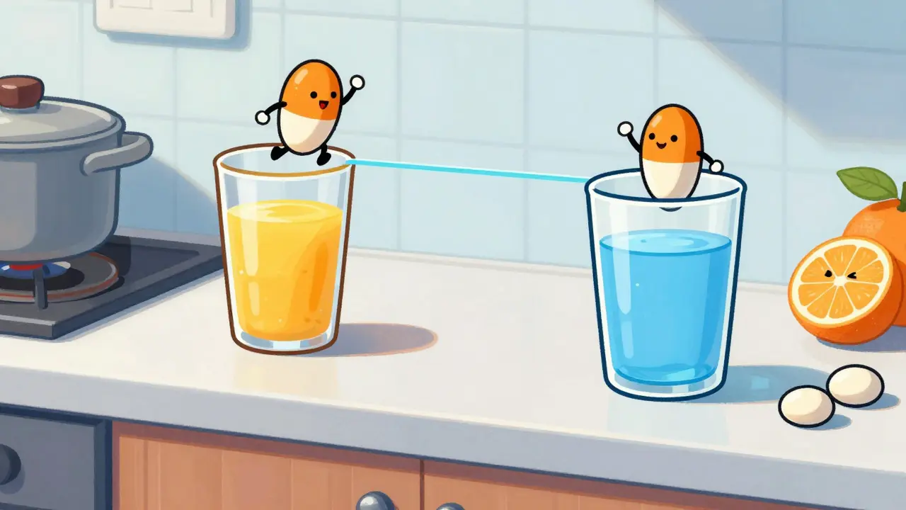 Pill character bounced back by orange juice but passes through water glass.