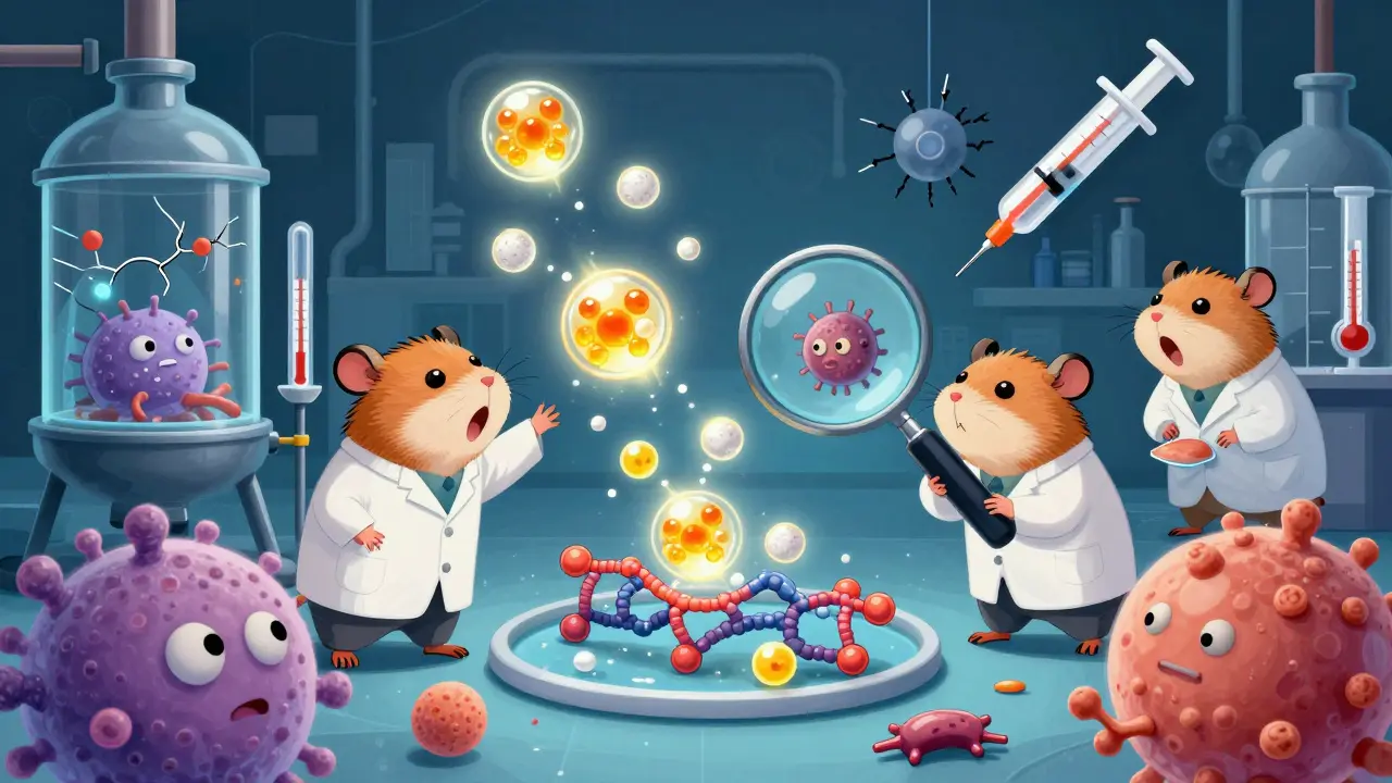 Quirky lab scene with cells spilling sugar molecules and a shaking syringe symbolizing biosimilar risks.