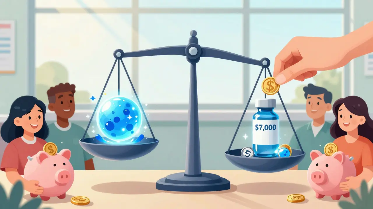 Scale balancing original biologic and biosimilar drugs with patients saving money in jars.