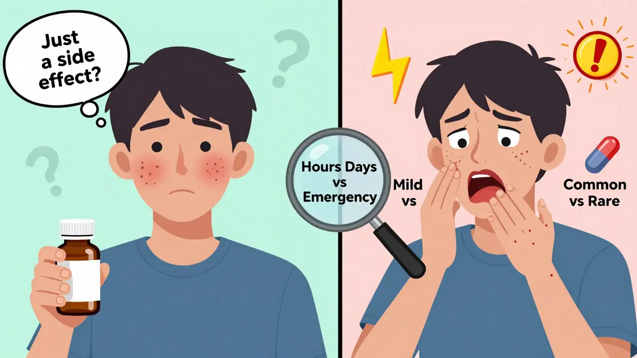 Split scene comparing mild side effect vs. severe allergic reaction to medication