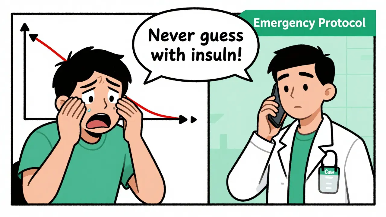 Split scene: one person panicking over missed insulin, another calmly calling a doctor with emergency protocol banner.