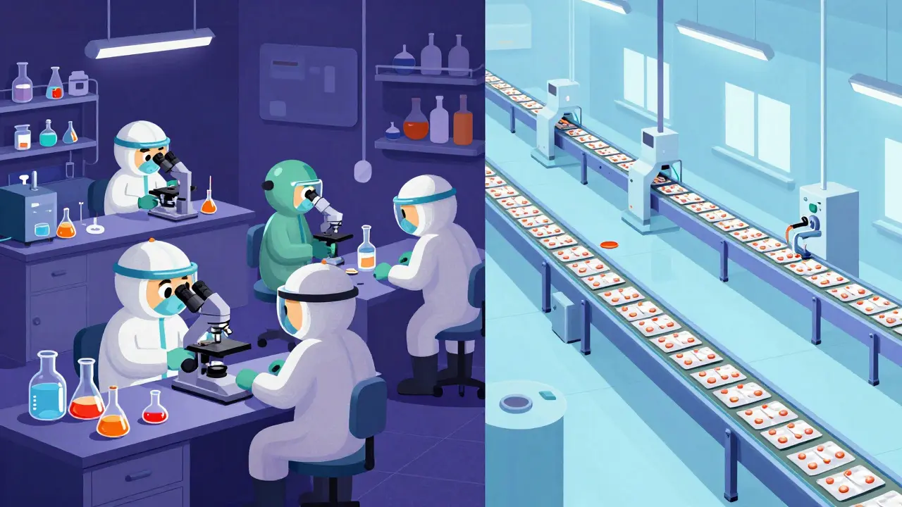 Split view of complex lab research versus efficient factory line.