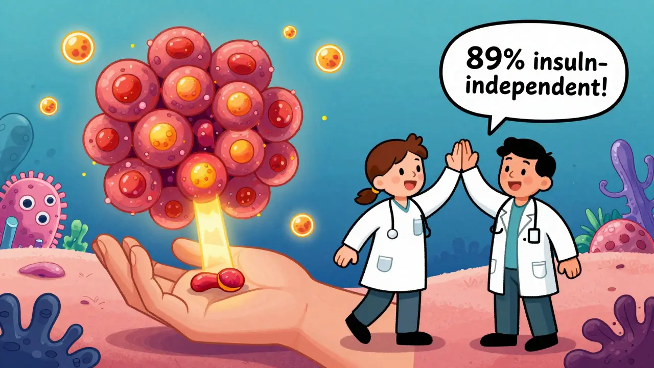 Stem cell islets releasing insulin above a hand, with gut bacteria cheering, in a hopeful scene of future diabetes treatment.