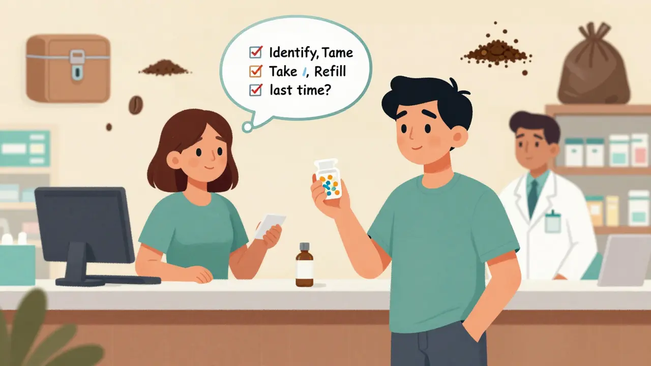 Teen asking pharmacist about prescription at pharmacy counter with checklist thought bubble