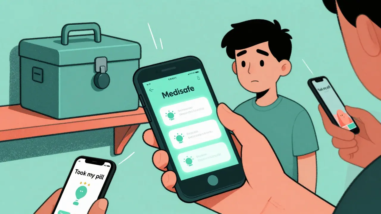 Teen using medication app with friend texting confirmation, lockbox visible in background