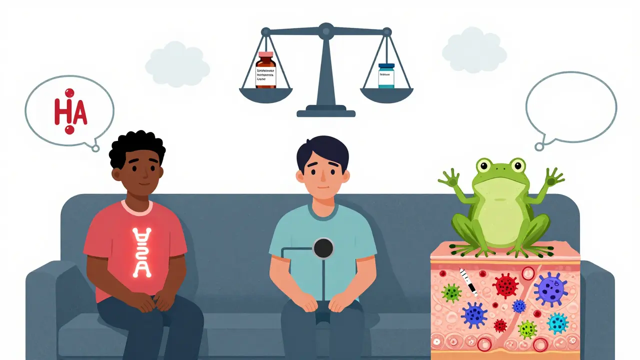 Three patients with thought bubbles showing genetic, medication, and injection factors affecting immune response.