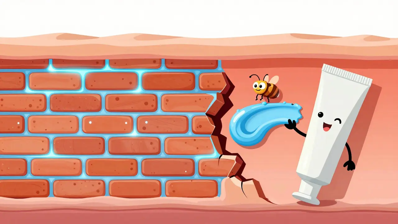 A brick wall representation of the skin barrier being repaired with ceramide cream.