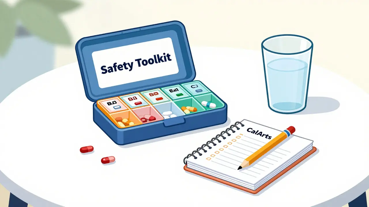 A pill organizer and medication diary on a table.