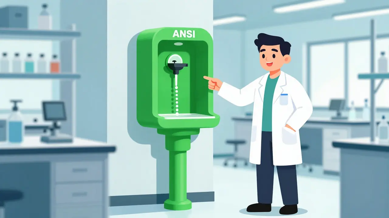 A professional workplace featuring a green emergency eyewash station in CalArts style