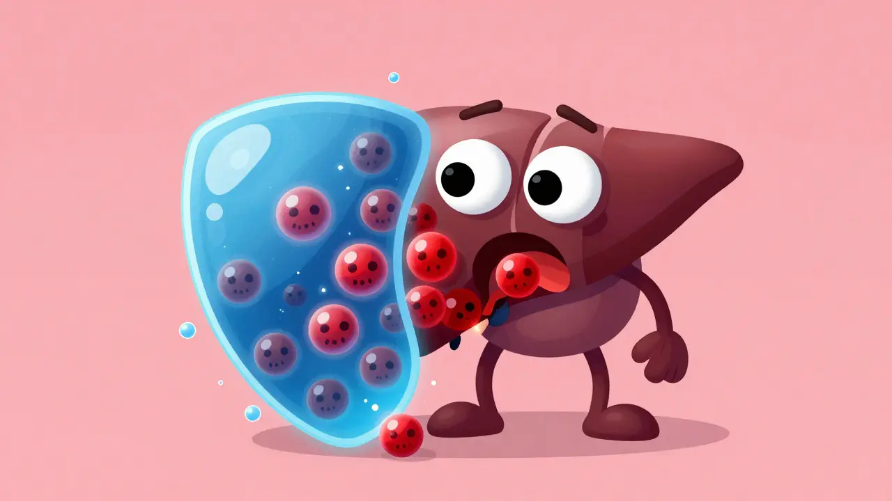 A stylized liver character fighting off red toxic particles with blue bubbles.