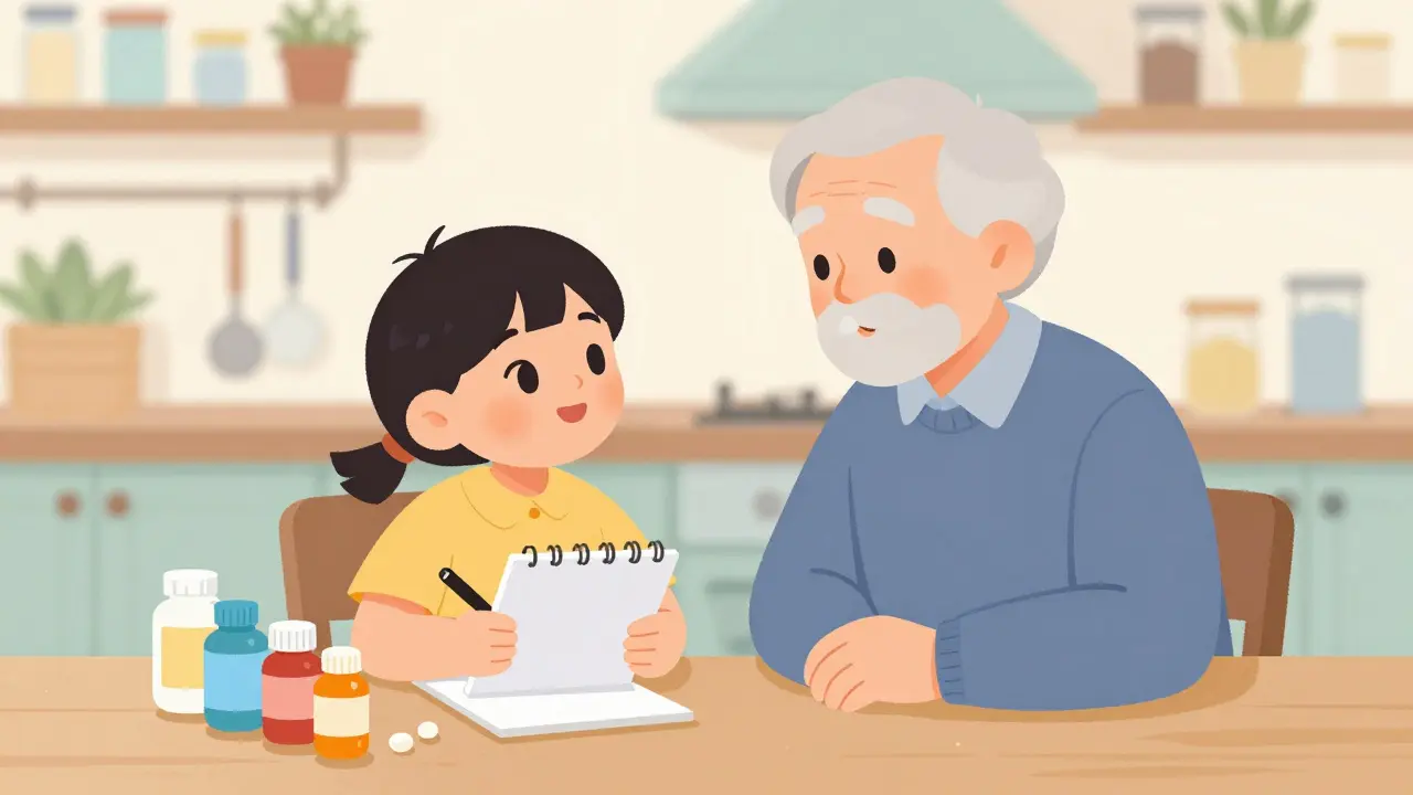 Caregiver and senior parent reviewing medication bottles at a kitchen table