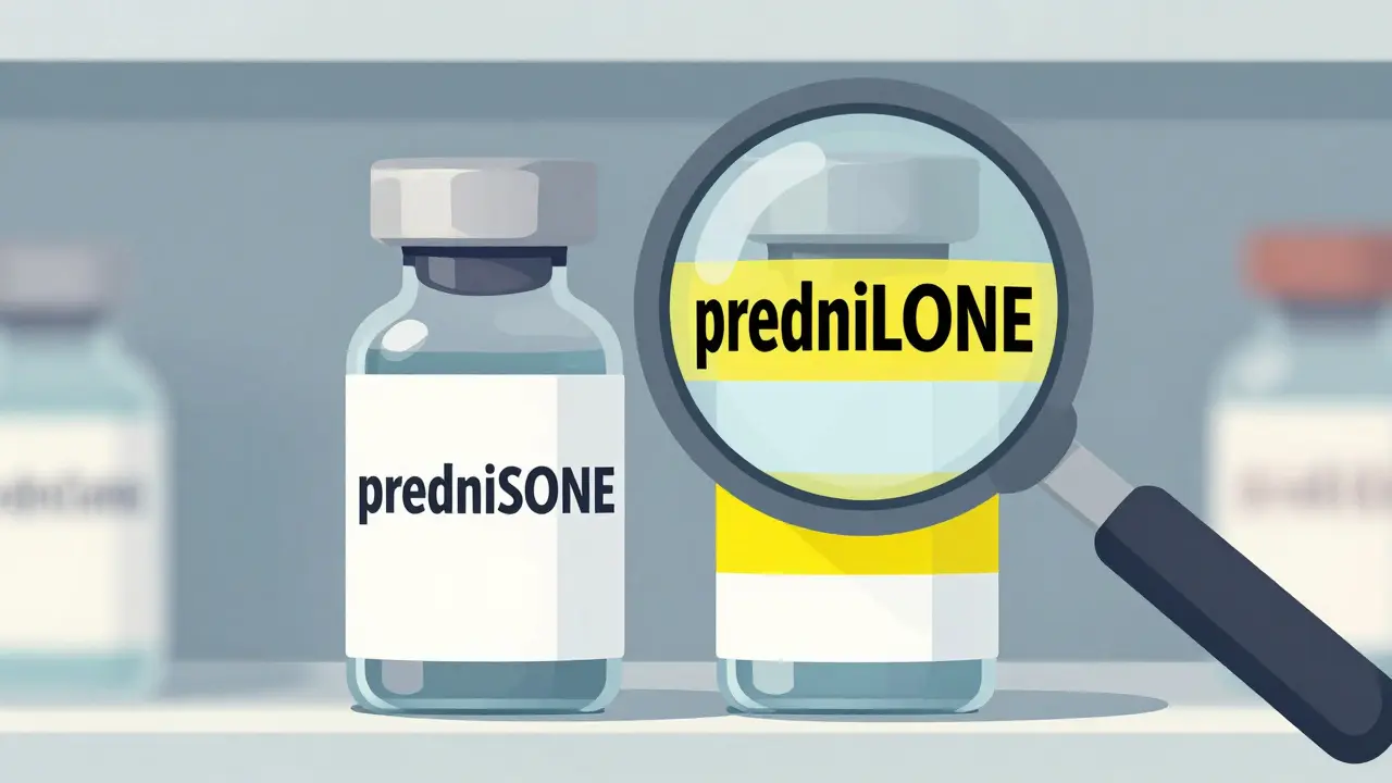 Close-up of two vials with tall-man lettering highlighted by a magnifying glass.