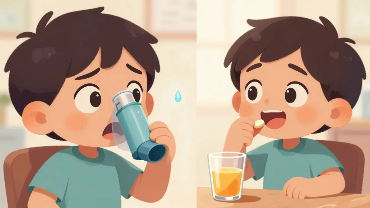 Comparison of a child using a complex inhaler versus taking a chewable tablet.