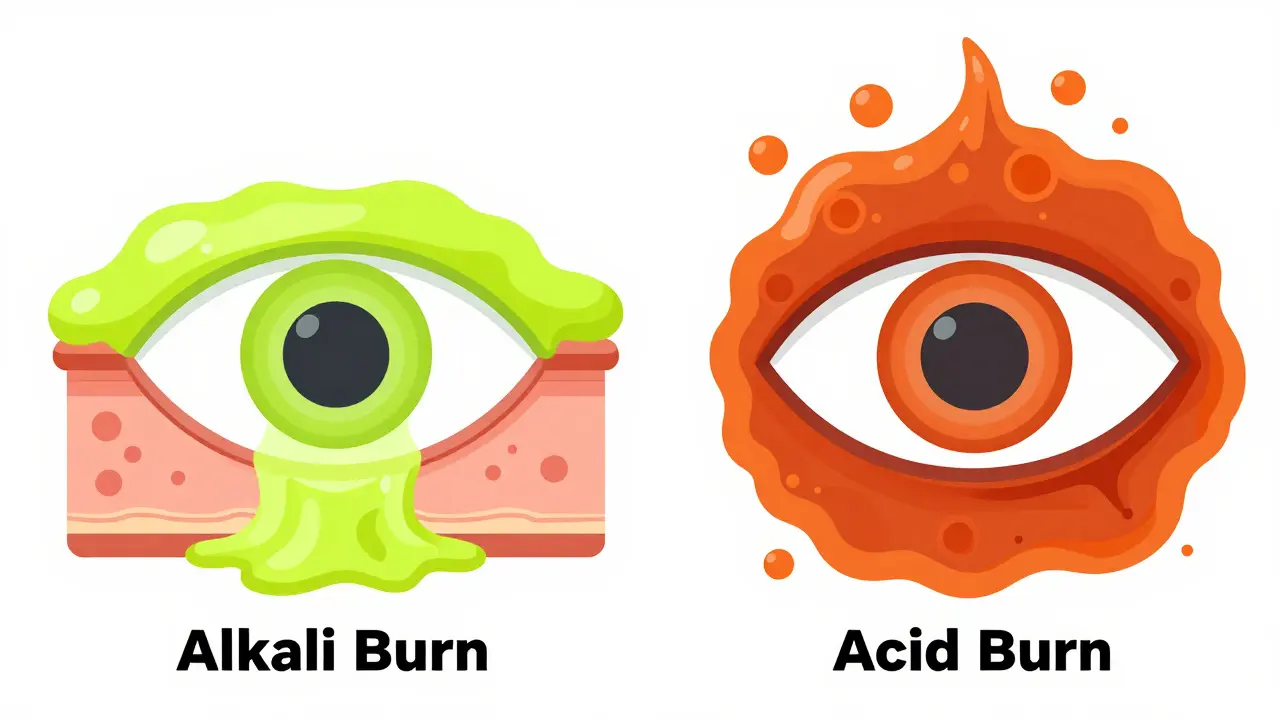 Comparison of alkali and acid burns on eye tissue in a stylized cartoon illustration