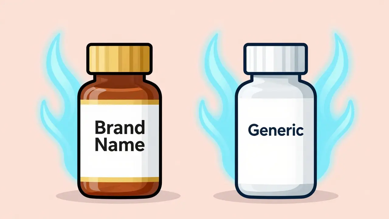 Comparison of brand-name and generic medication showing identical ingredients.