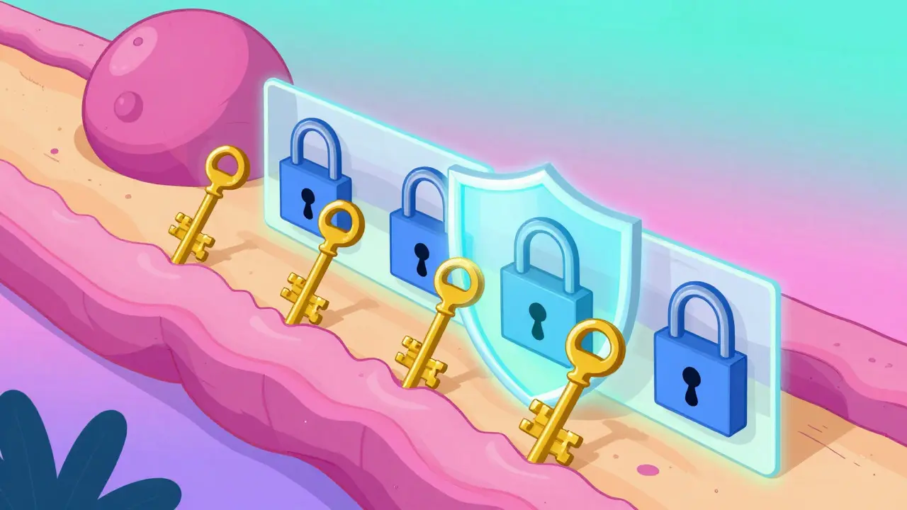 Conceptual view of medication blocking inflammatory molecules in the airways.