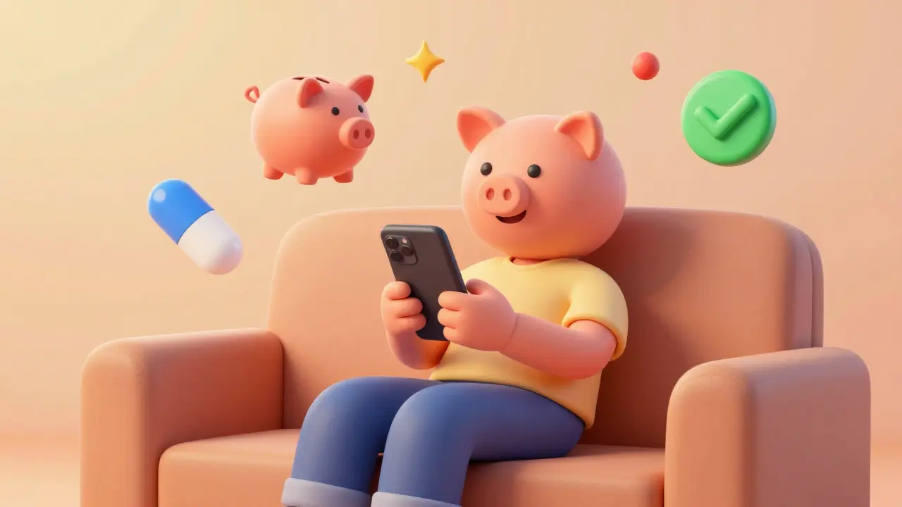 Happy person using a smartphone to find affordable generic medication online.