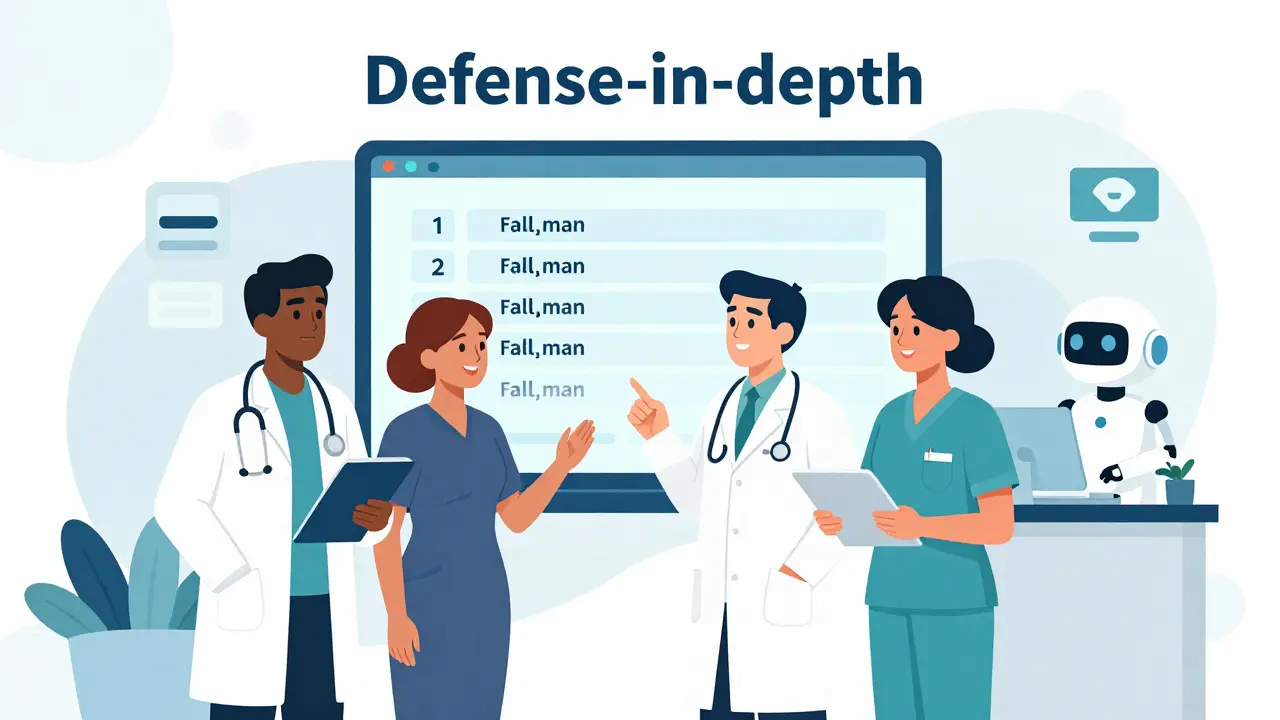 Medical team collaborating on a safety system with AI and consistent labeling.