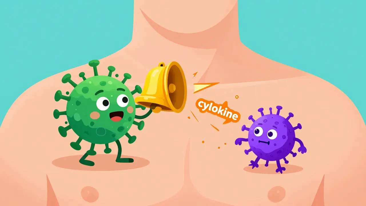 Personified bacteria and viruses triggering an immune response and skin spots.