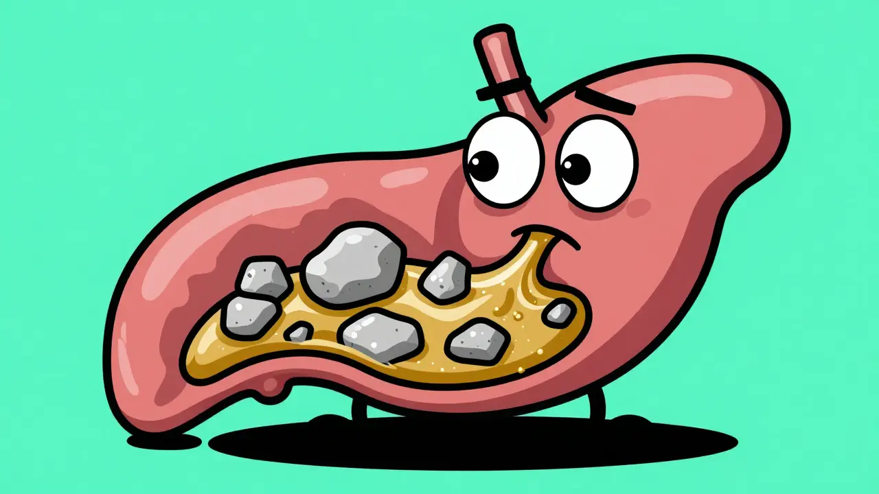 Stylized illustration of a gallbladder filling with bile sludge and stones