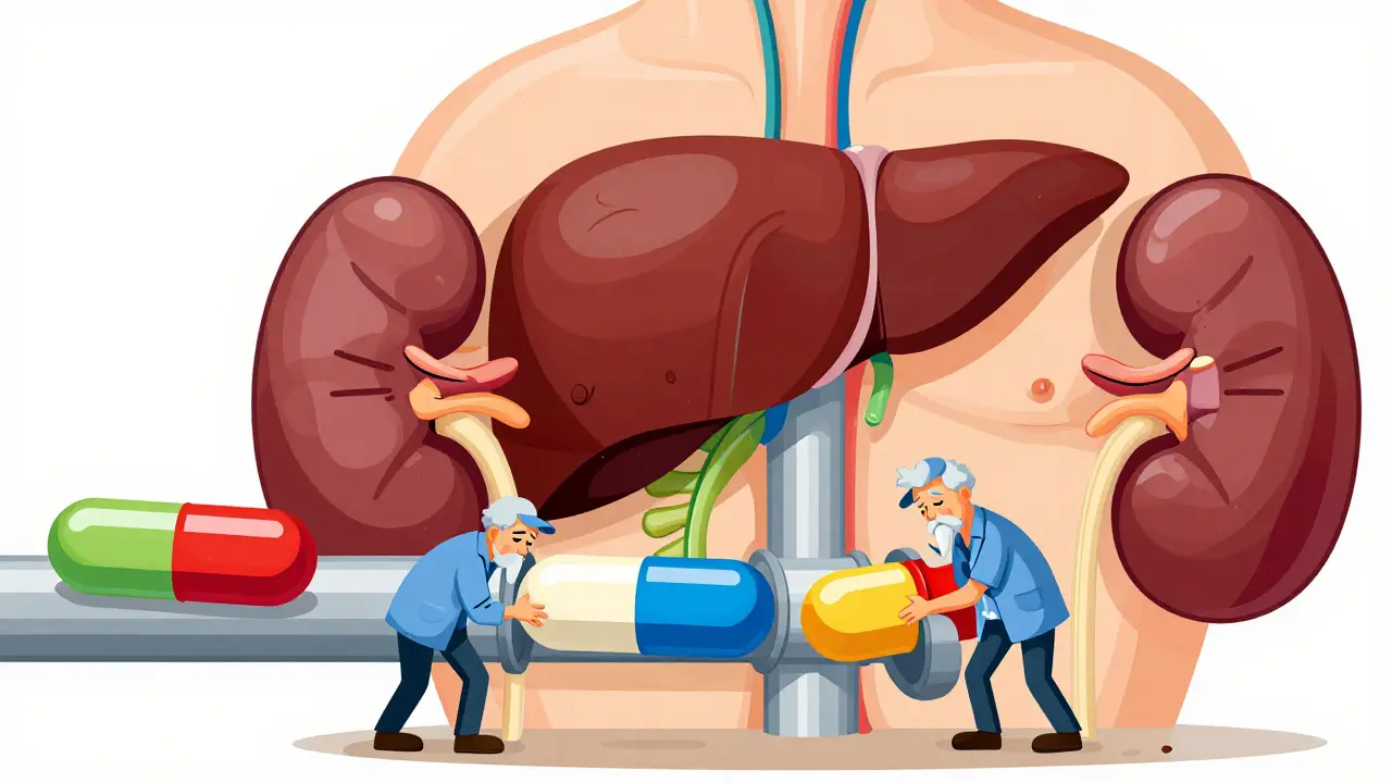 Stylized illustration of liver and kidneys struggling to process medication pills